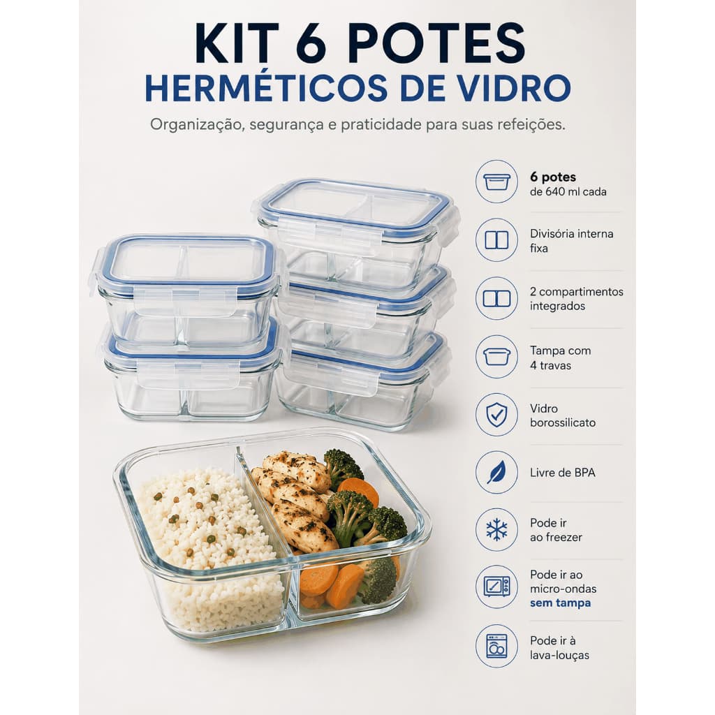 Kit Potes Herméticos de Vidro 640ml com Divisória Fixa Tampa 4 Travas para Marmita Cozinha Academia