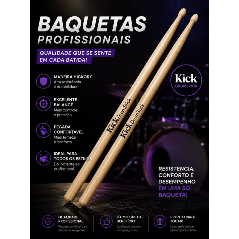 Par de Baquetas Kick Tamanho e Peso Padrão