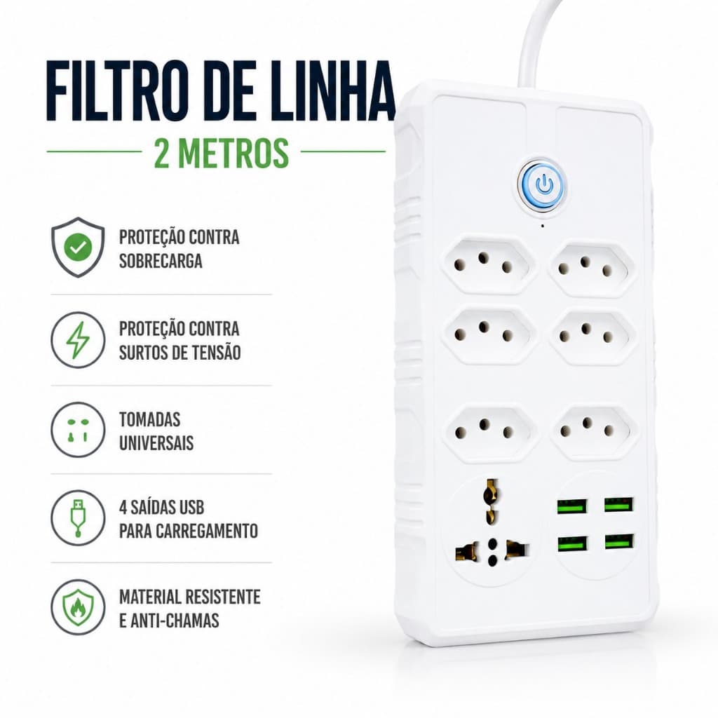 Régua Filtro de Linha 7 Tomadas 4 USB Cabo 2 Metros Extensão Elétrica Bivolt 10A Universal Seguro