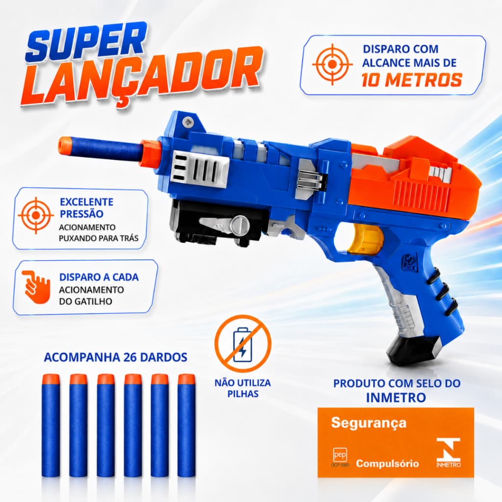 Kit Pistola Lançador de Dardos Com 26 Dardos de Espuma Brinquedo Infantil