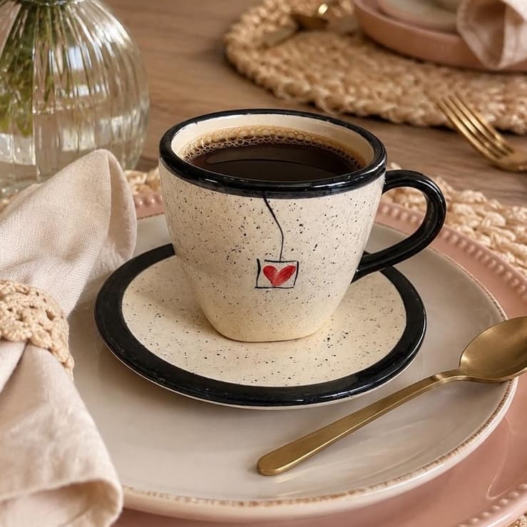 Xícara De Chá Café de Cerâmica Feito a Mão Decorado Preto 200ml