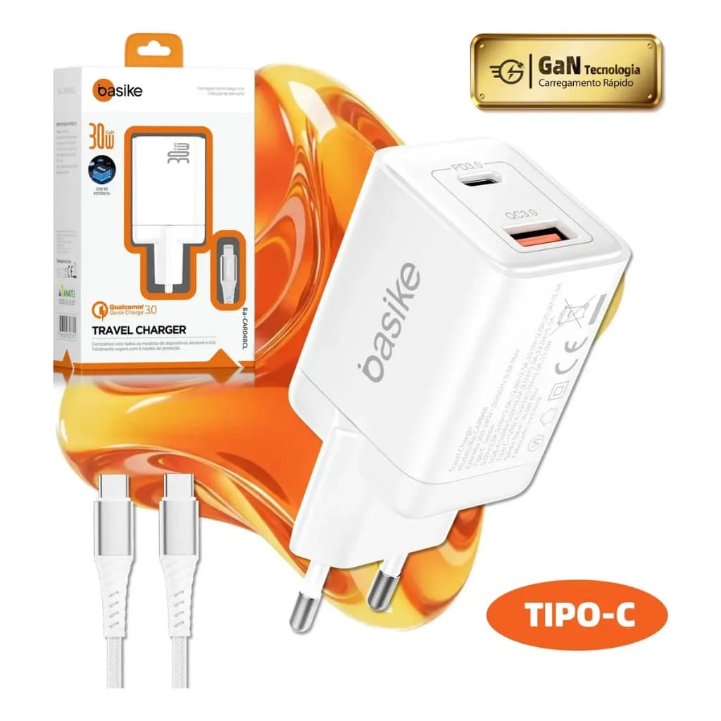 Basike 30W GaN Carregador Fonte Adaptador Celular PD3.0 USB-C + QC3.0 USB-A Turbo Rápido Para Apple iPhone Samsung