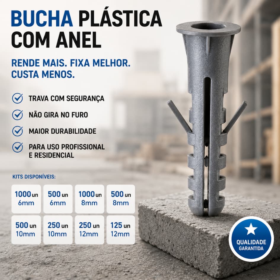 Buchas Plásticas Com Anel 6mm 8mm 10mm 12mm Fixação Alvenaria Concreto Tijolo Alta Resistência 1000, 500, 250, 125 Unid.