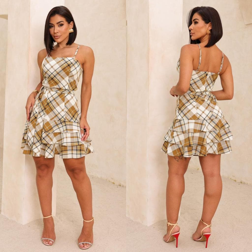 vestido tres babados com forro e zíper invisível alças finas moda elegante lançamento