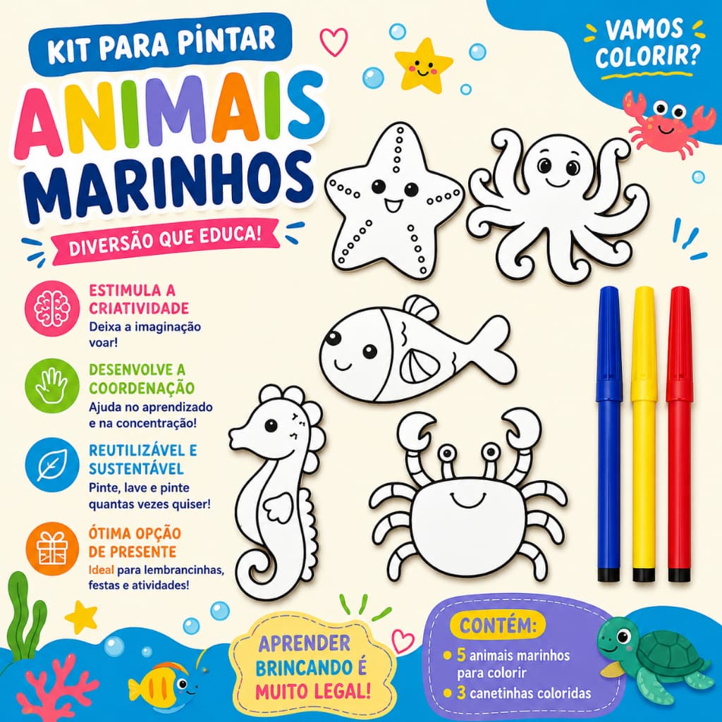 Kit Pintura para Colorir Infantil Lavável 5 Animais Reutilizáveis + 3 Canetinhas Cores Aleatórias Impressão 3D