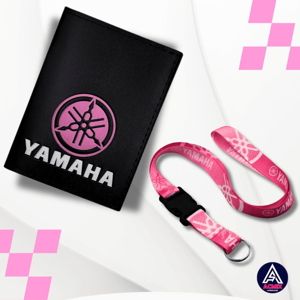 Carteira Porta Documentos Moto Yamaha Logo Rosa + Cordão Pescoço Engate Rápido Yamaha Rosa e Preto