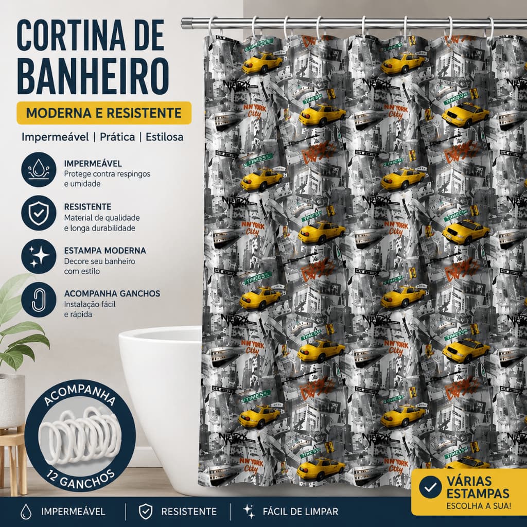 Cortina de Banheiro Impermeável Estampada com 12 Ganchos Resistente Lavável Decoração Moderna Várias Estampas