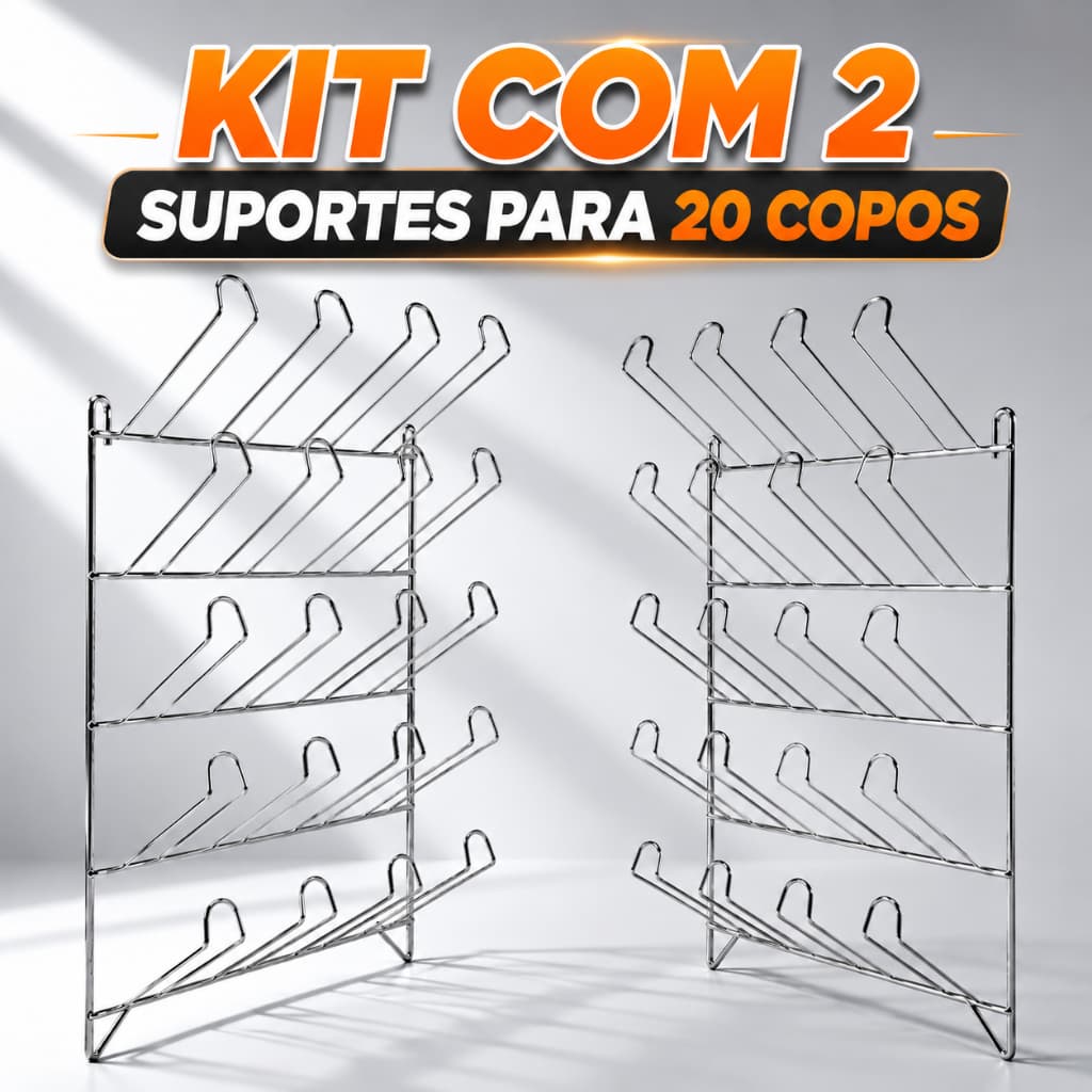 Kit 2 Suporte para 20 Copos de Parede Aramado Resistente Cromado Escorredor Águia de Cozinha Restaurante Lanchonete Bar