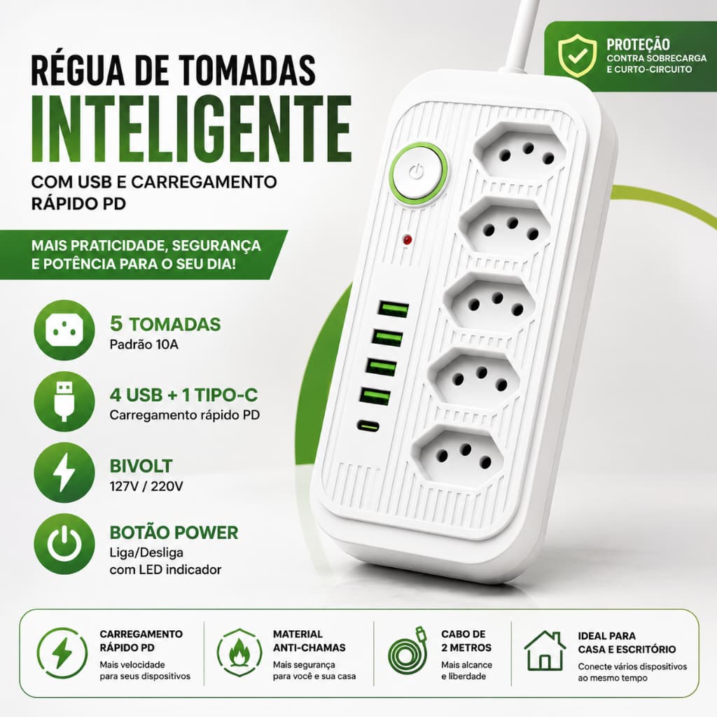 Régua de Tomadas Inteligente 5 Tomadas 4 USB + USB-C PD Carregamento Rápido Bivolt 2 Metros