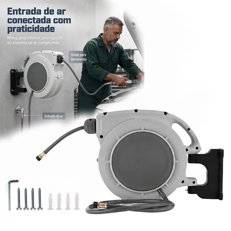 Carretel Enrolador de Mangueira de Ar Retrátil com Rebobinamento Automático 10m 5/16" para Parede