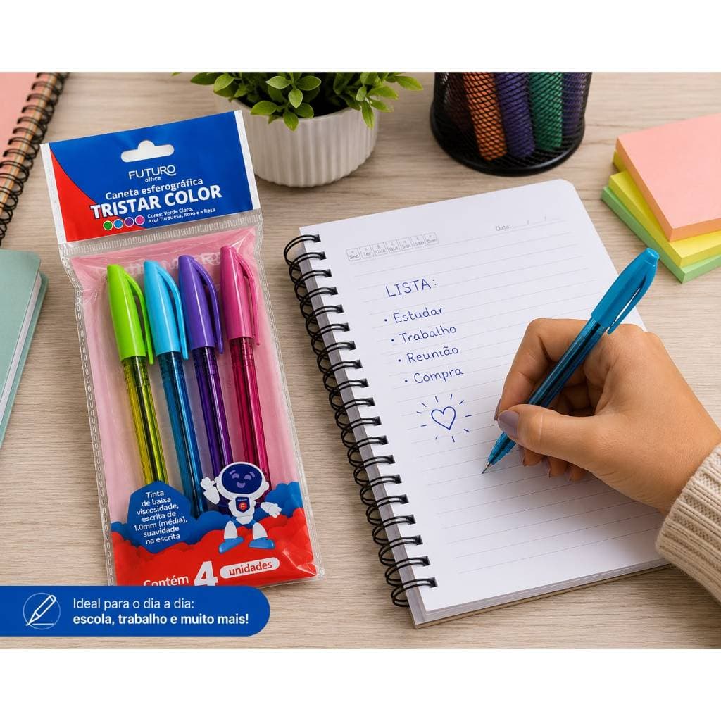 Kit 4 Canetas Esferográficas Coloridas Tristar 1.0mm Tinta Azul – Escola, Escritório