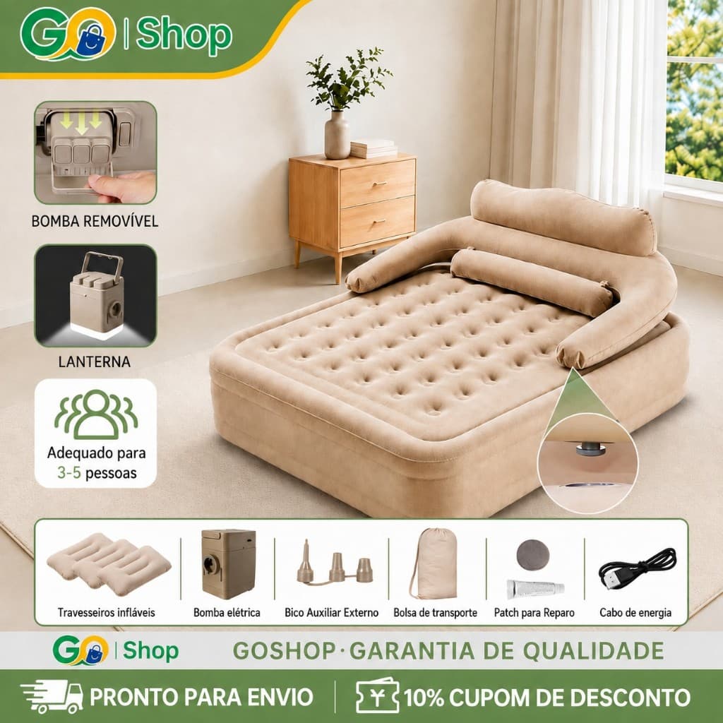 GOSHOP Queen Inflatable Mattress with Detachable Backrest and Rechargeable Electric Pump Extra Large Size 200*180*40CM