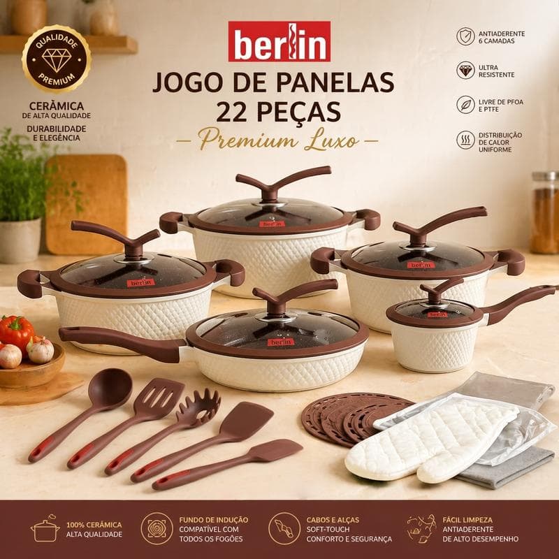 Conjunto De Panelas Antiaderente 22 Peças Com Tampa De Vidro E Kit Utensílios Cozinha