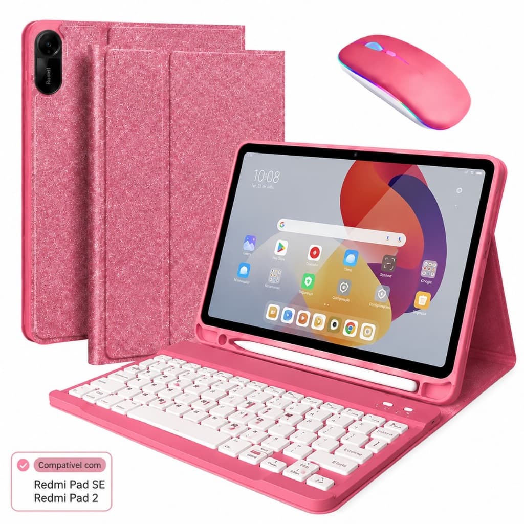 Kit Completo Capa Teclado Magnético Mármore Glitter Mouse e Caneta Para Xiaomi Redmi Pad SE/Pad 2 11",Kit 2/3/4 Peças