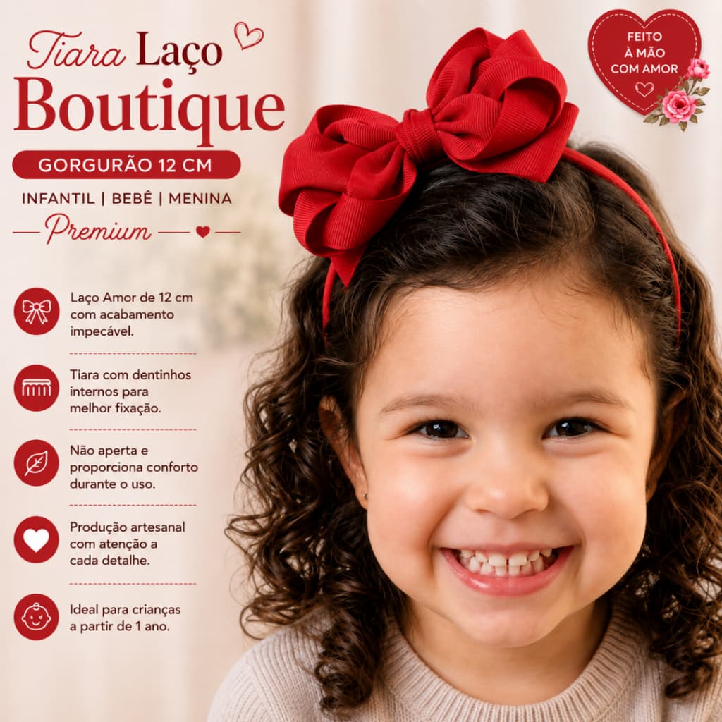 Tiara/Arco Cabelo Infantil Laço Amora 12cm com Dentinho Antiderrapante Laço Boutique