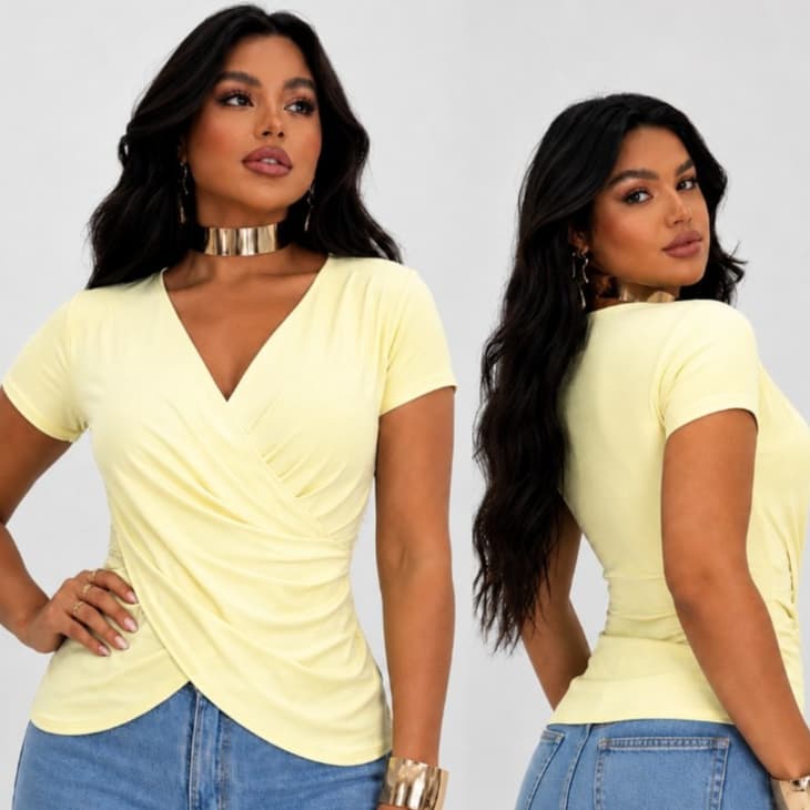 Blusa Feminina Transpassada AYLA Manga Curta Decote V Elegante Casual.