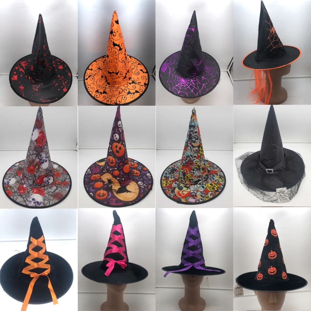 Chapéu de Bruxa Halloween Fantasia Variados Estampado Teia Caveira Renda Infantil e Adulto Festa Cosplay