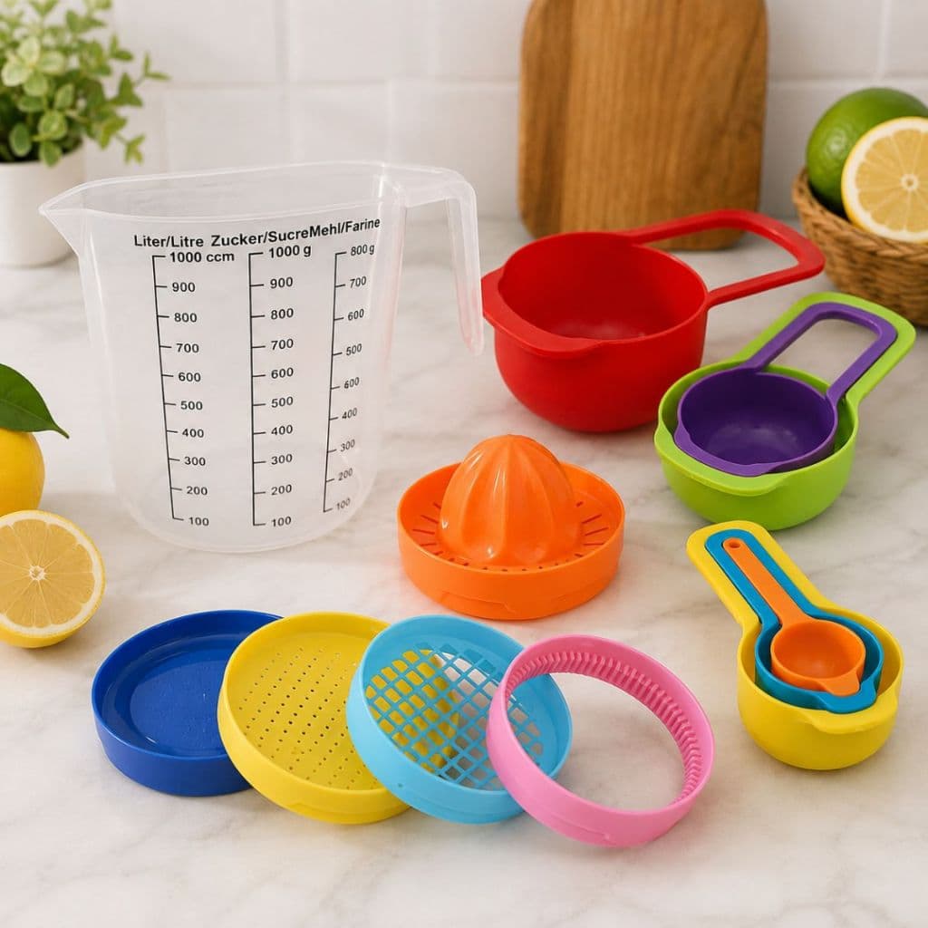 Kit Utensílios Cozinha 01 Garrafa Multifuncional 8 em 1 Jarra Medidora + 01 Colheres Medidoras para Receitas