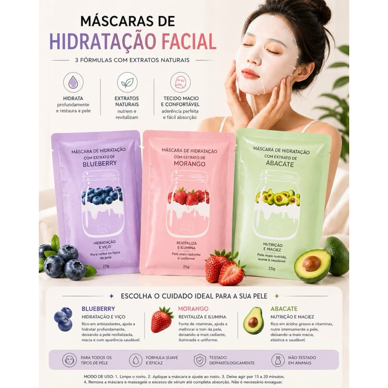 Máscara Facial Hidratante com Extratos Naturais – Blueberry, Morango e Abacate | Hidratação Profunda | 25g