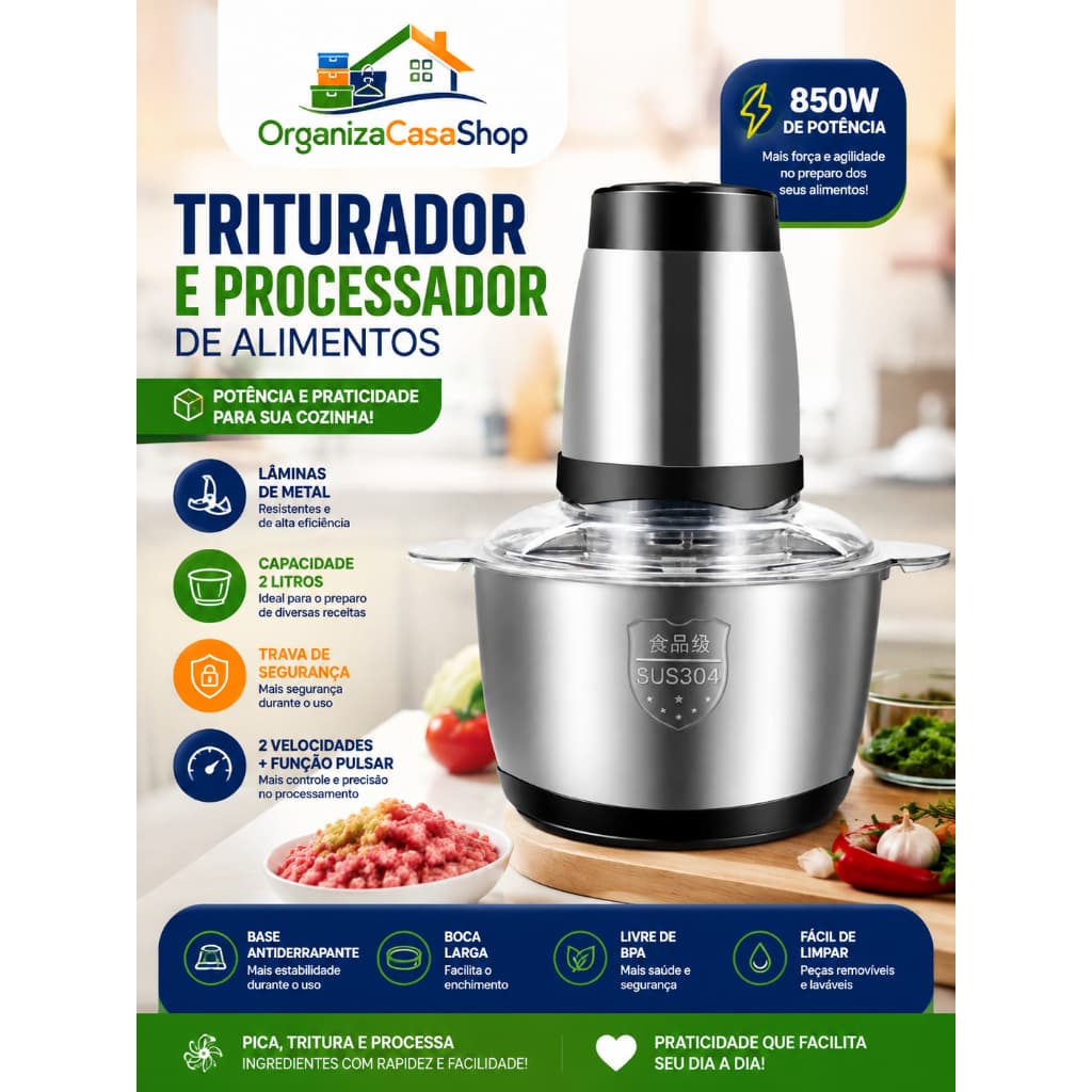 Triturador e Processador de Alimentos 2L 850W -  Moedor Elétrico Para Carnes Legumes Massas Temperos