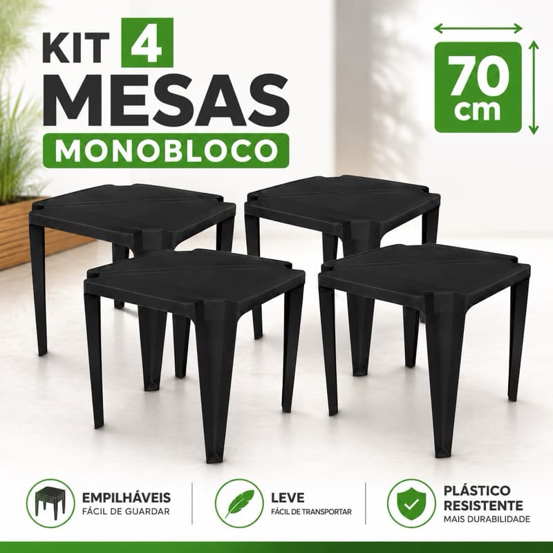 Kit 4 Mesas Plásticas Monobloco Preta 70cm Empilháveis Resistentes Área Externa Bar Restaurante Eventos