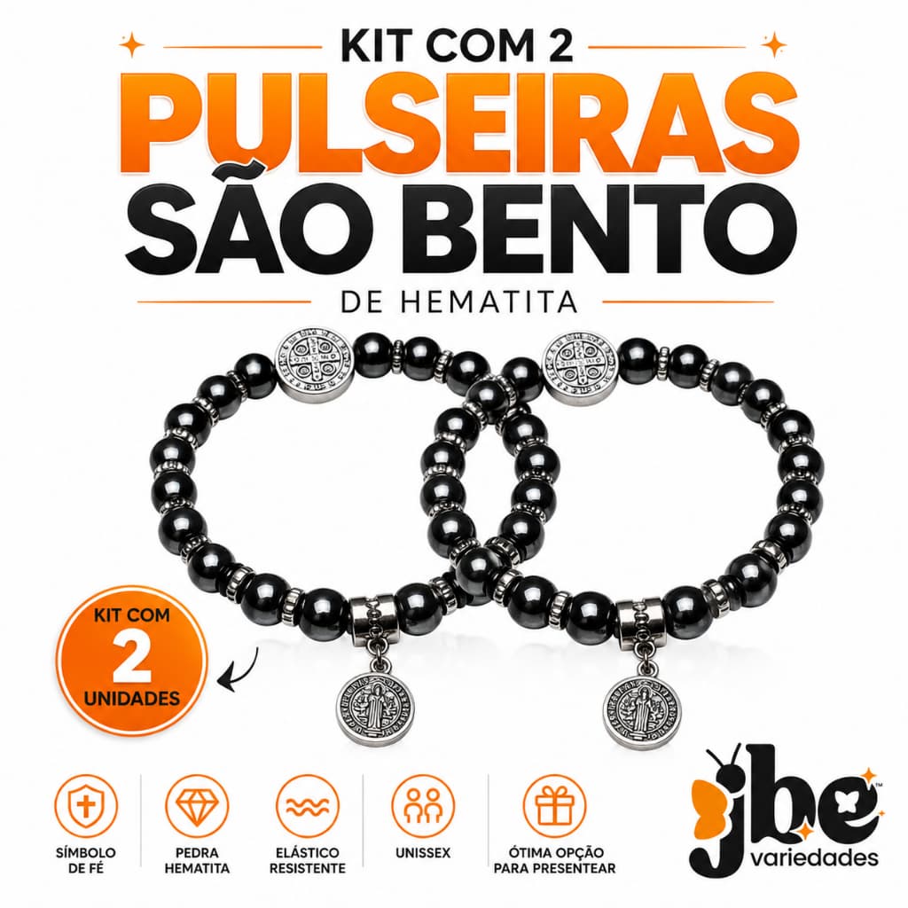 Kit 2 Pulseiras Unissex São Bento Hematita Pedras Naturais Ajustável Fé estilo e proteção ajustável