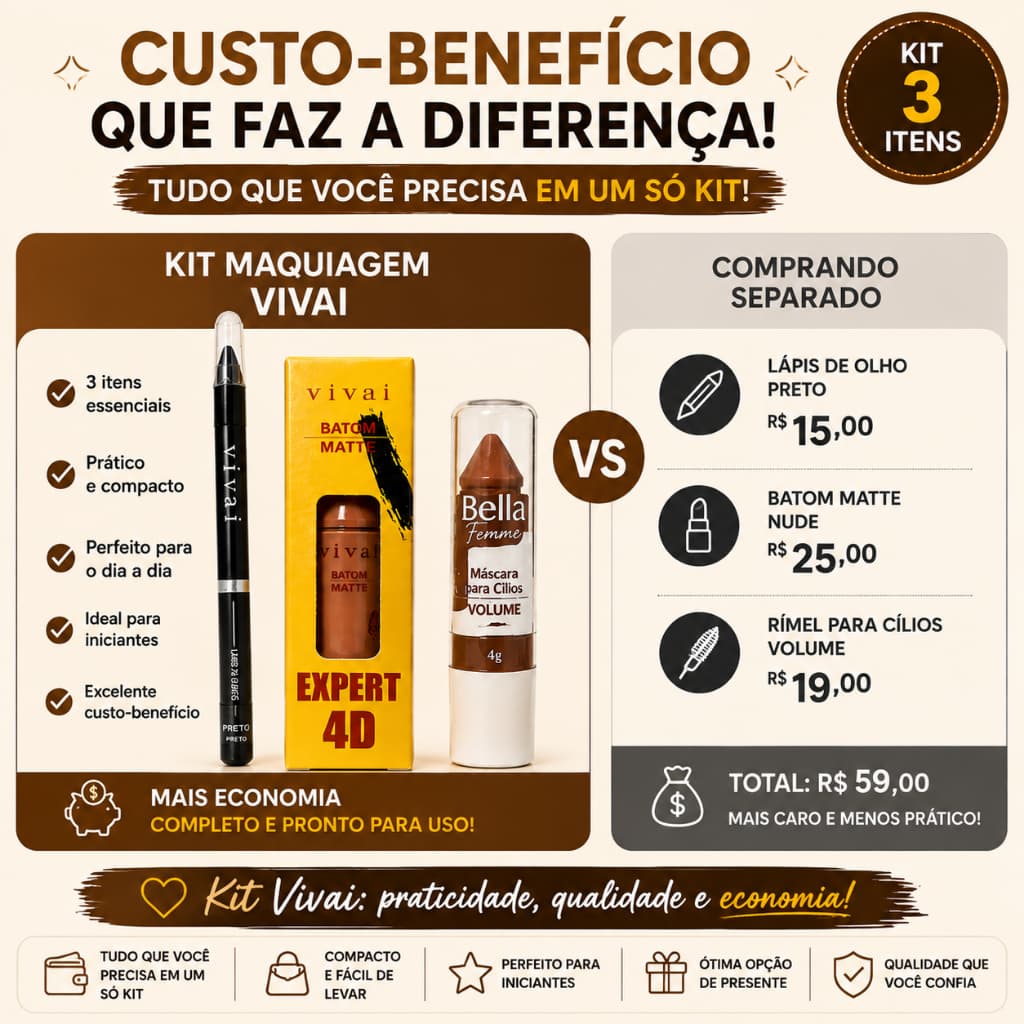 Kit Maquiagem Básico Vivai Completo Batom Matte Rímel Lápis de Olho Para Maquiagem Dia a Dia