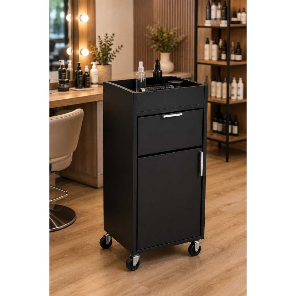 Carrinho auxiliar Barbeiro em MDF Preto 80x40x30 com rodinhas base para apoio gaveta e porta com prateleira