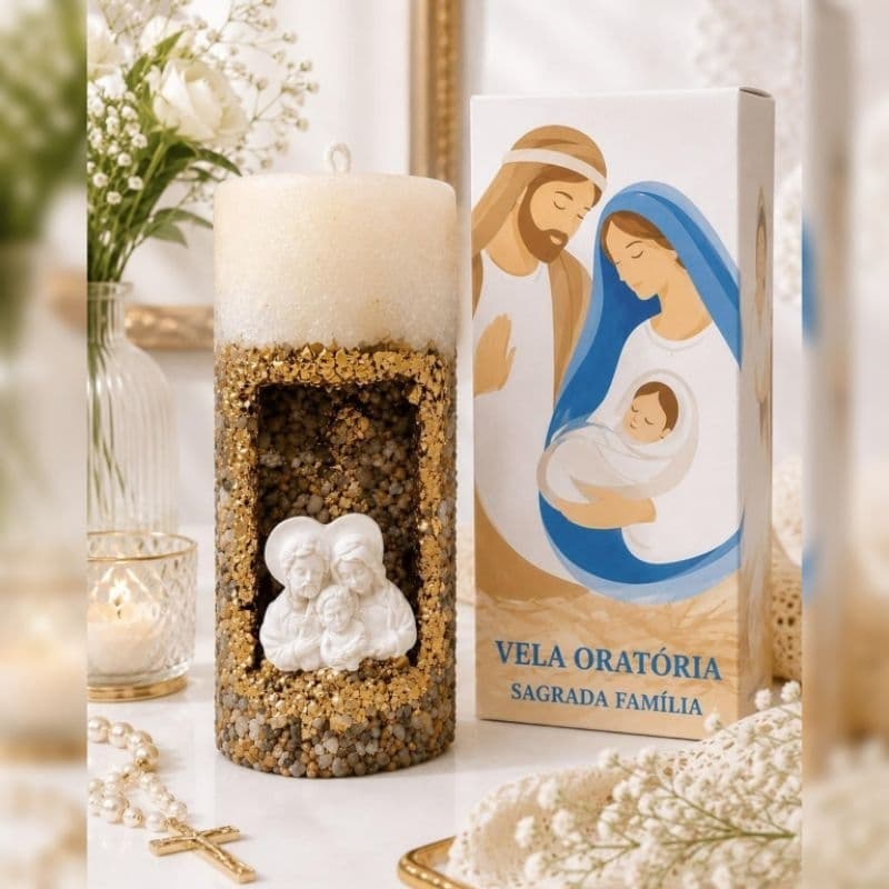 Vela Oratória Sagrada Família 14cm 510g com Caixa Personalizada | Vela Religiosa para Presente