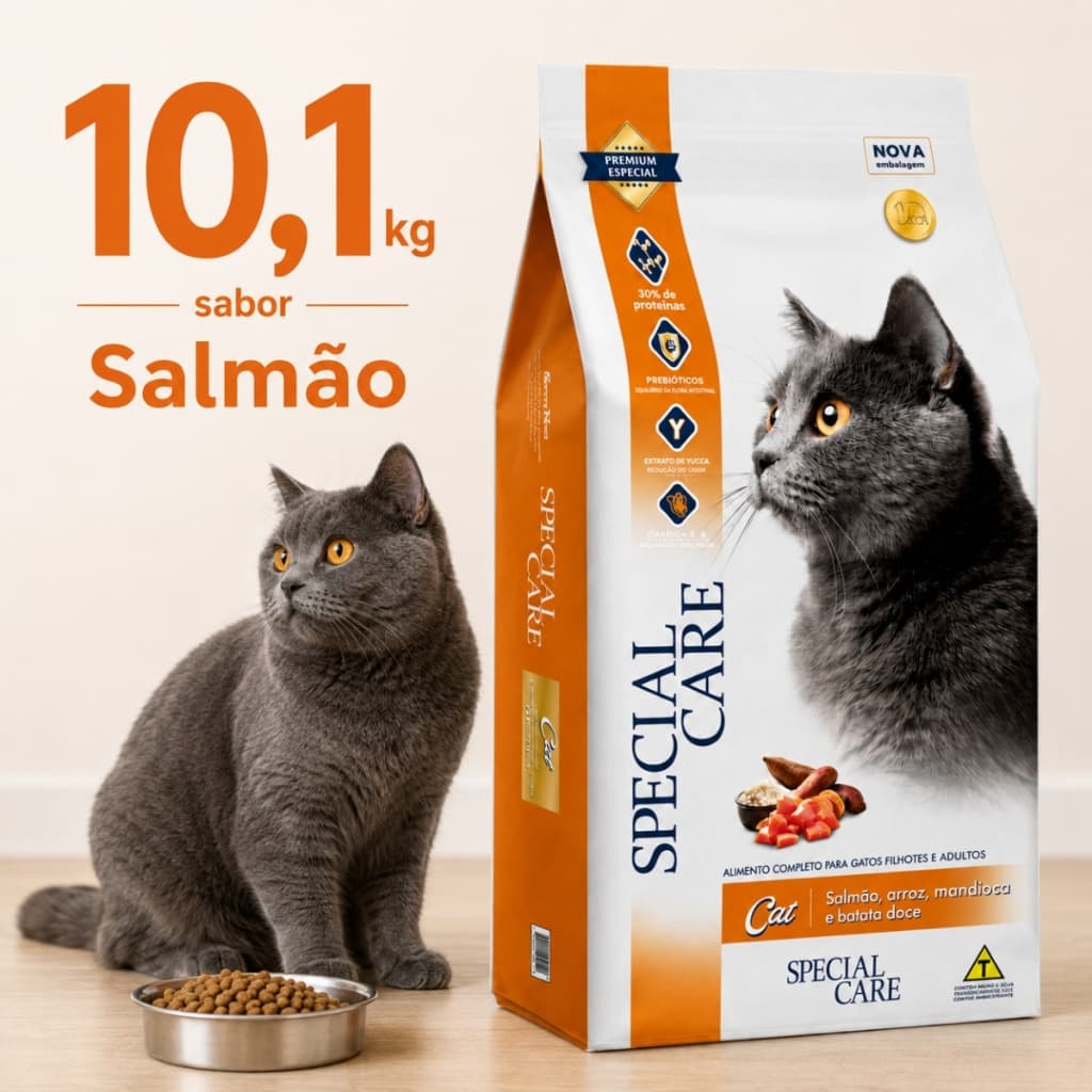 Ração Special Care Cat Gato Adulto e Filhote 10,1kg Sabor Salmão 30% de Proteína Ração Seca Premium