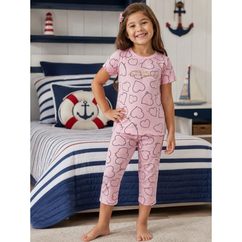 Pijama náutico feminino infantil, Rosa, manga curta, calça estilo Capri, fresco e confortável.