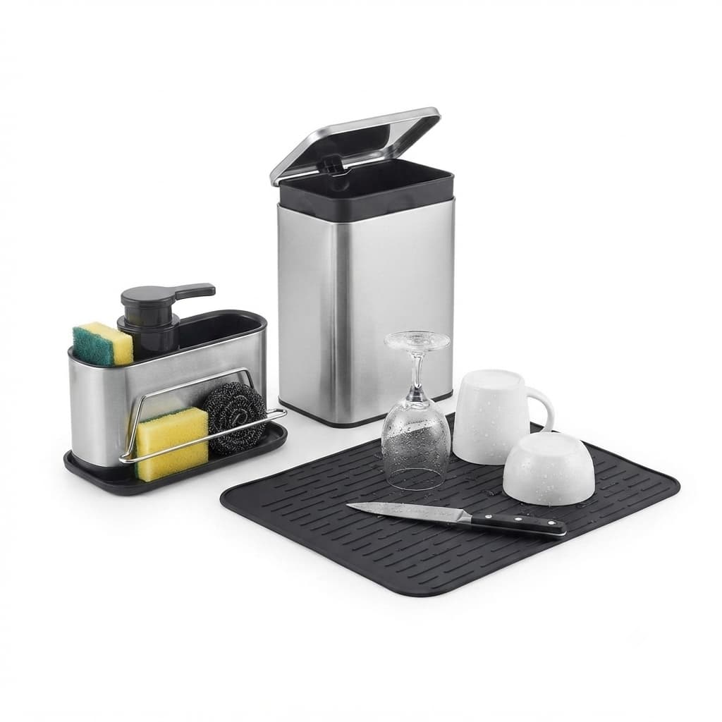 Kit Pia Cozinha Premium Lixeira E Dispenser Inox E Tapete Escorredor Silicone Preto Luxo Organizador