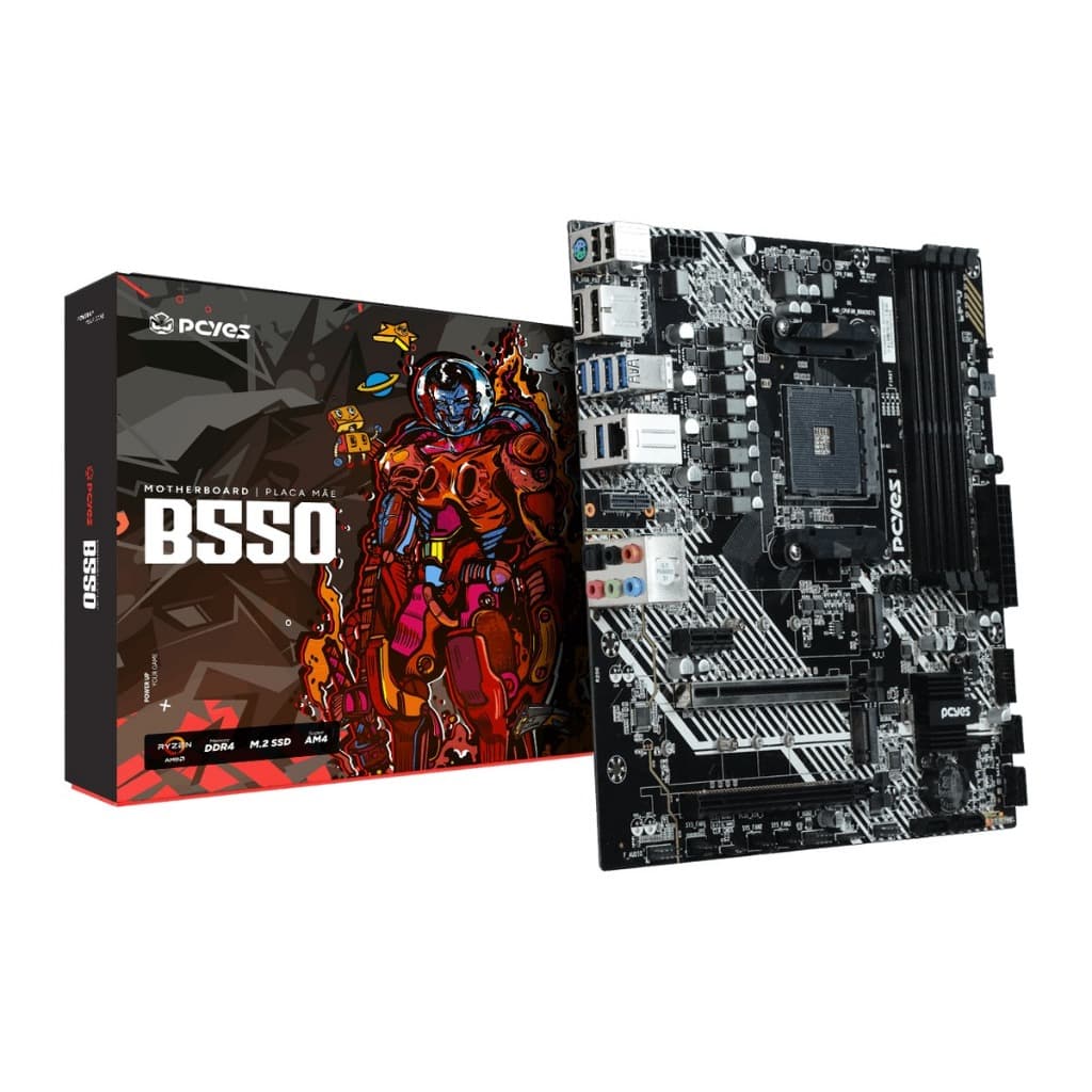 Placa Mãe AM4 B550 DDR4 PCYes PCYB550-RZ M.2 NVMe PCIe 4.0 USB-C HDMI DP Rede 2.5G Ryzen 3000 4000 5000