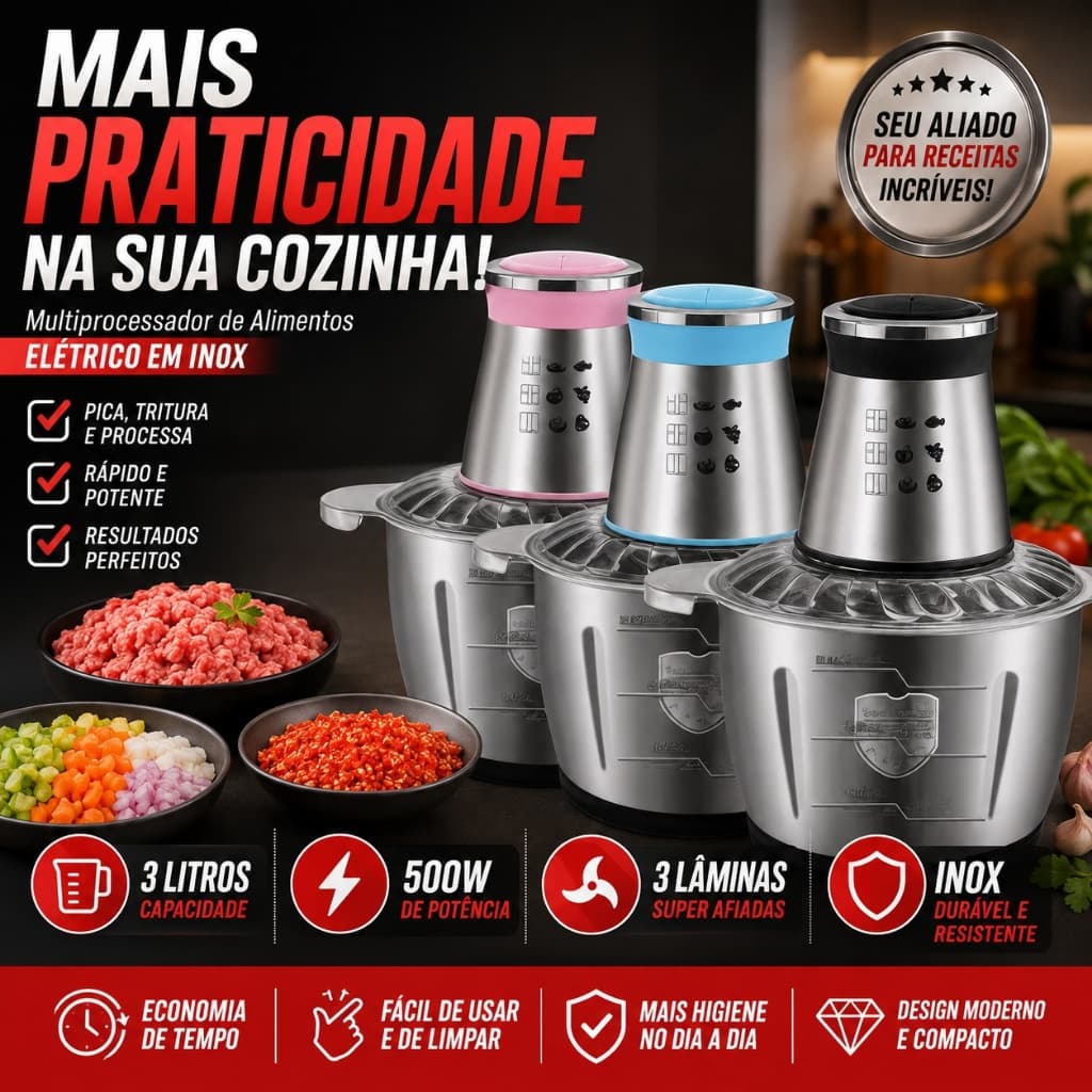Processador de Alimentos Elétrico 3L 500W Inox Triturador de Carne Legumes Temperos 110V