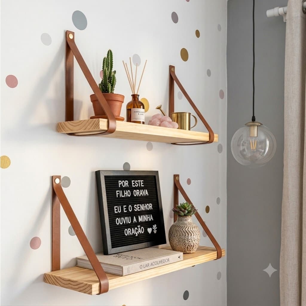 Kit 2 Prateleiras de Madeira Com Alça de Couro Para Decoração Cozinha Quarto Luxo