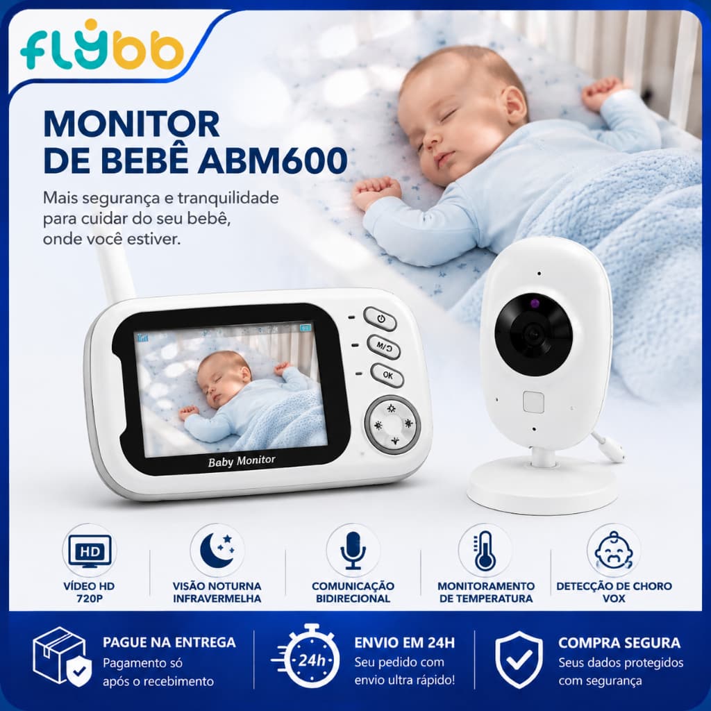 Babá Eletrônica Bebê com Monitor e Câmera | Monitor Infantil Digital Tela 3,5" IPS | Visão Noturna Áudio Bidirecional