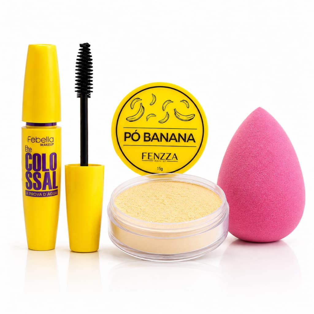 Kit Maquiagem 3 Itens Feminino Rímel Máscara de Cílios À Prova D’Água + Pó Banana + Esponja Gota