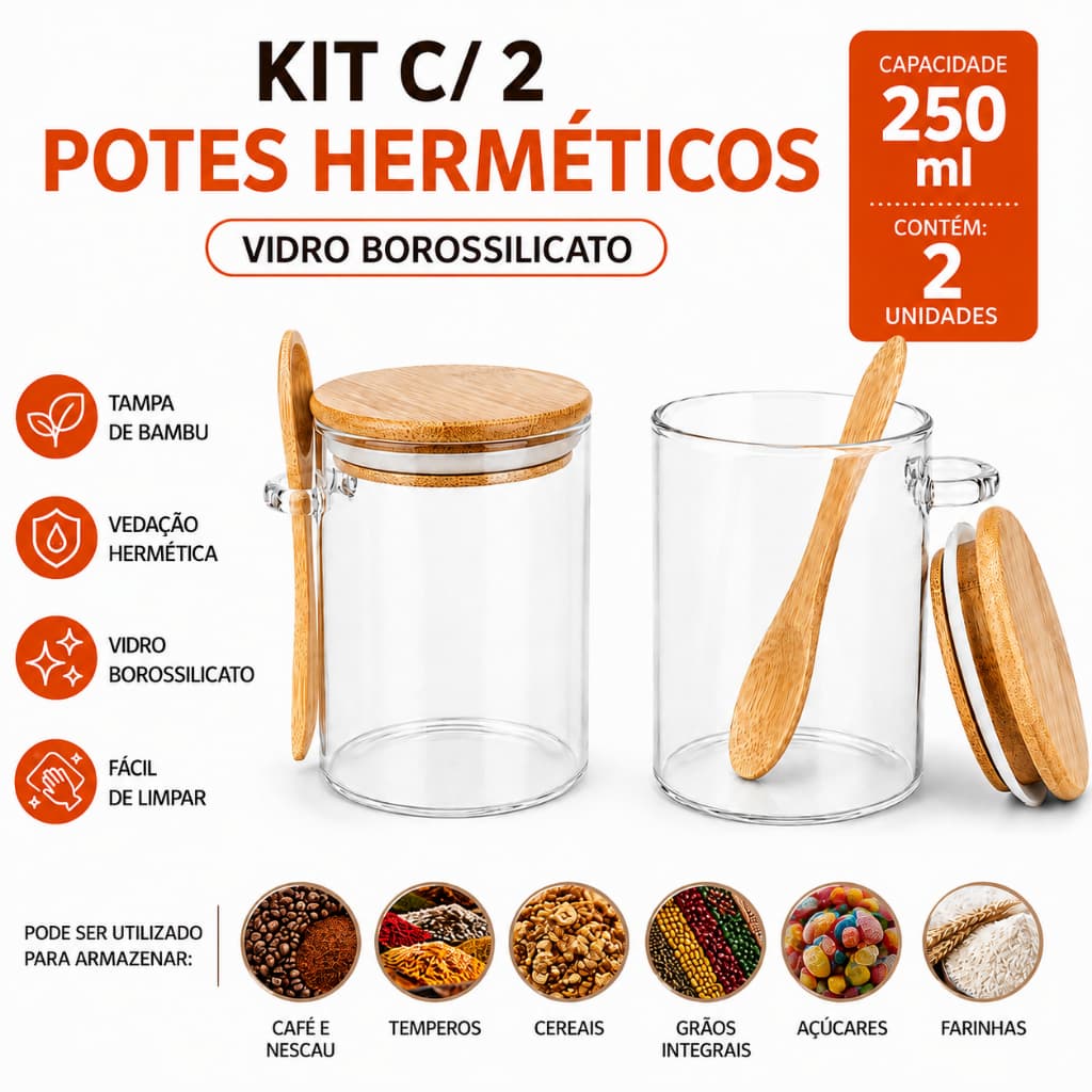 Kit 2 Pote Vidro Hermético Potinho Com Tampa E Colher Bambu 250ml