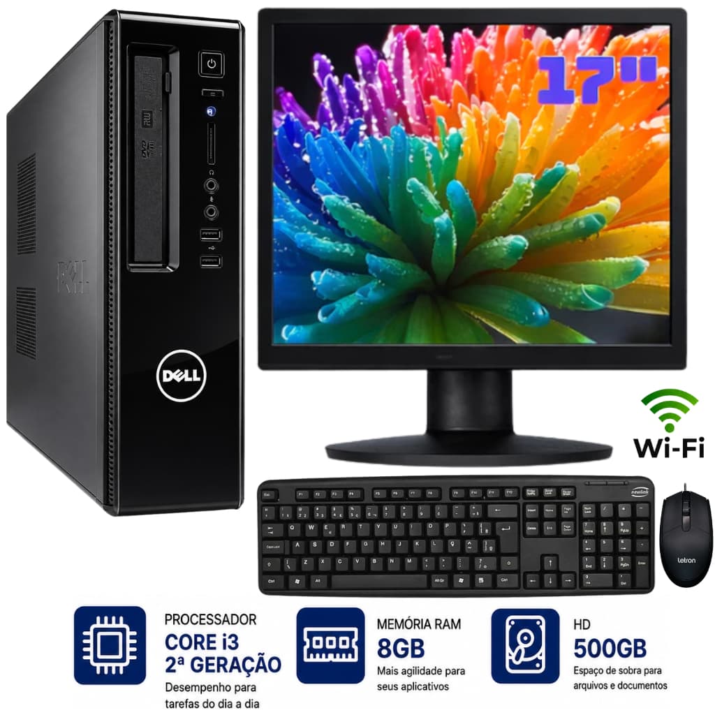 Computador Completo Dell Core i3 2ªgr 500gb HD 8GB Ram Tela 17" Teclado Mouse Wifi Trabalho Estudo