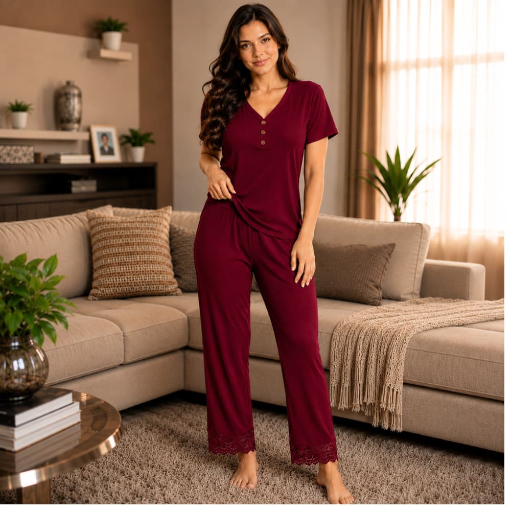 Pijama Feminino Longo Canelado  Meia Estação Confortável