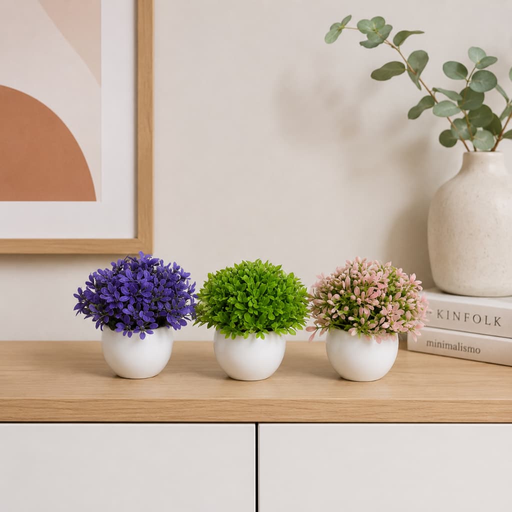 Kit 3 Vasos com Plantas Artificiais Mini Vasos Decorativos para Sala Mesa Escritório Lavabo Aparador
