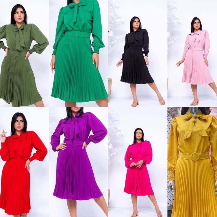 Vestido Plissada Lisa Midi Rodado Moda Evangelic Manga Longa Com Cinto -00011