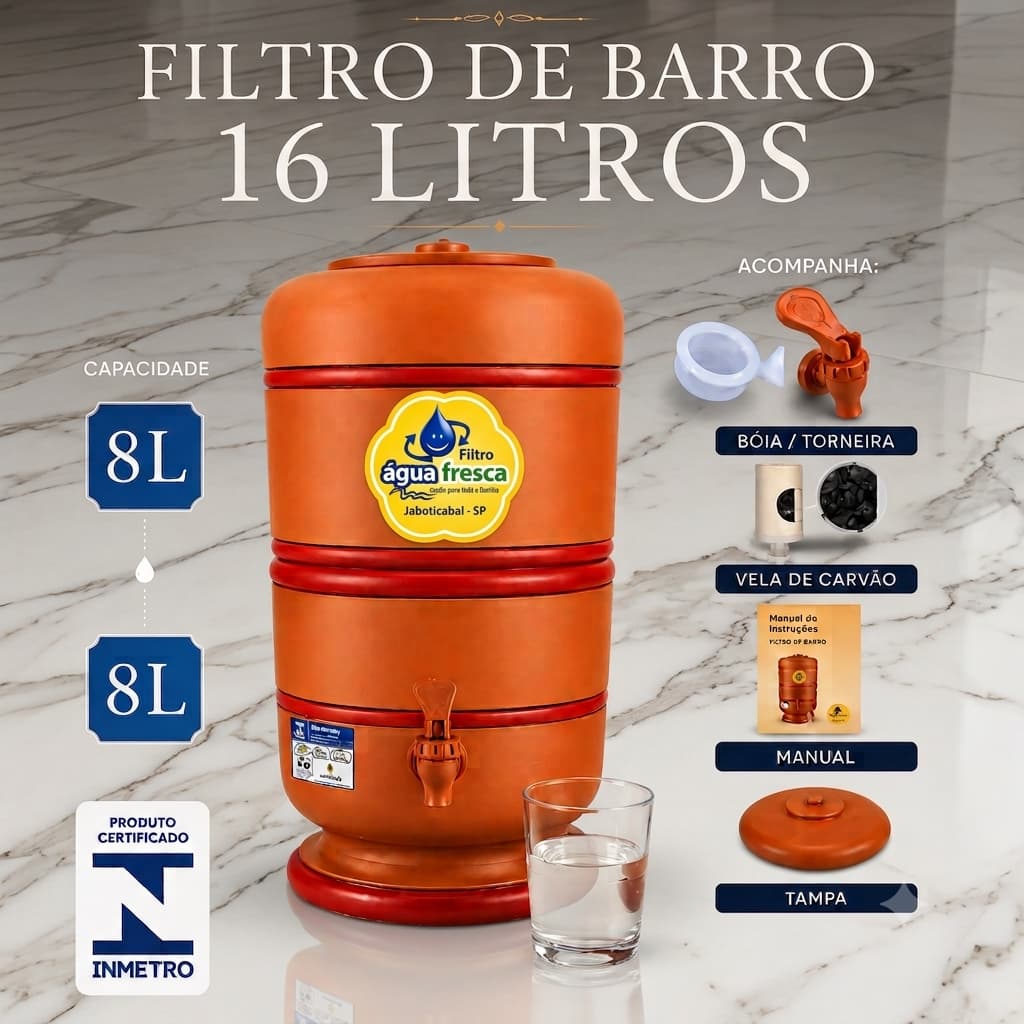 FILTRO DE BARRO 16 LITROS COM 2 FUROS ( acessórios e selo INMETRO)
