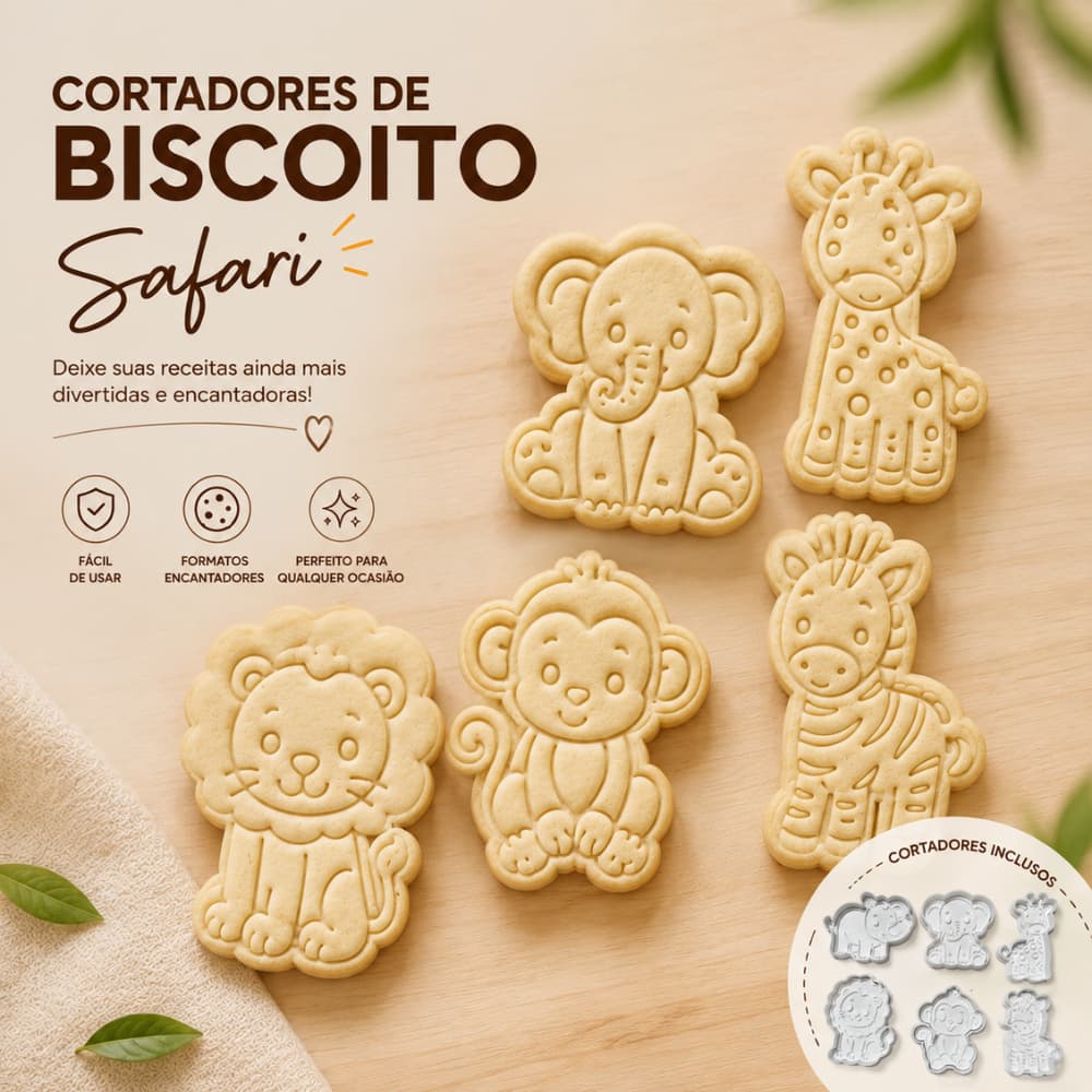 Kit 6 Cortadores de Biscoito Animais com Carimbo e Puxador Cookie Biscuit massinha confeitaria