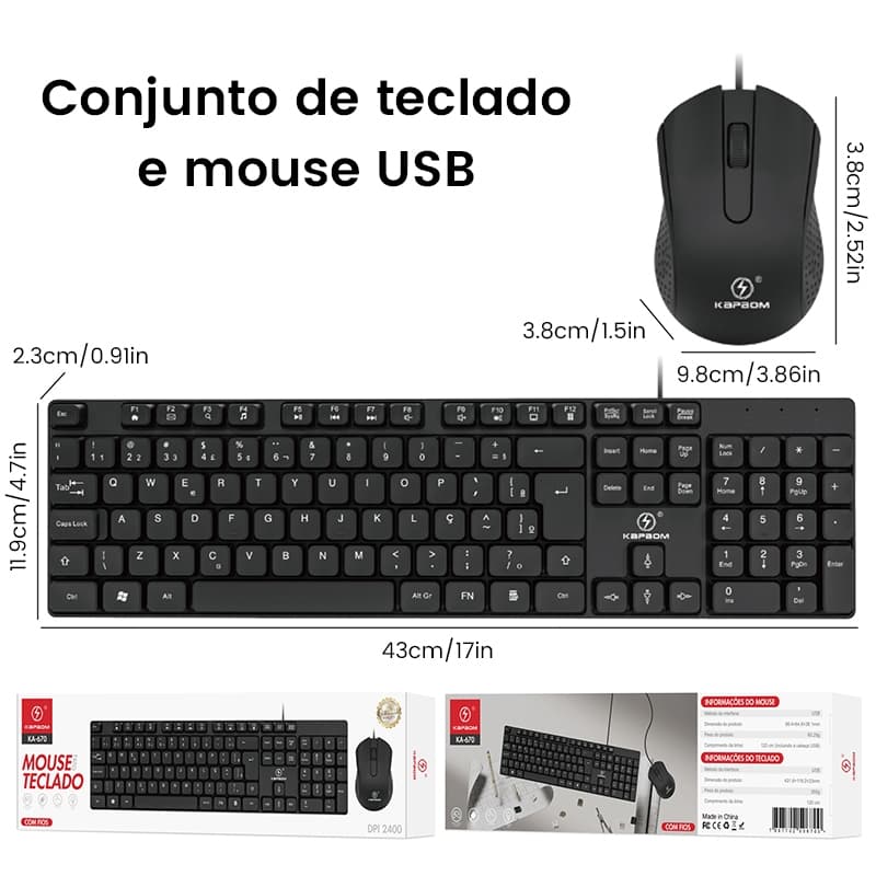 Conjunto Teclado e Mouse USB 104 Teclas Escritório Resistente