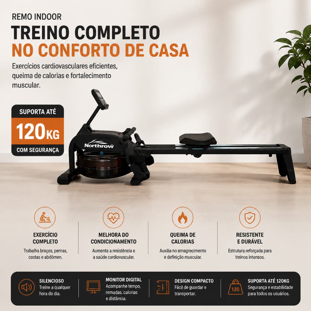 Máquina de Remo Indoor e Elíptico para Treino em Casa, Equipamento Fitness com Monitor Digital e Resistência Ajustável