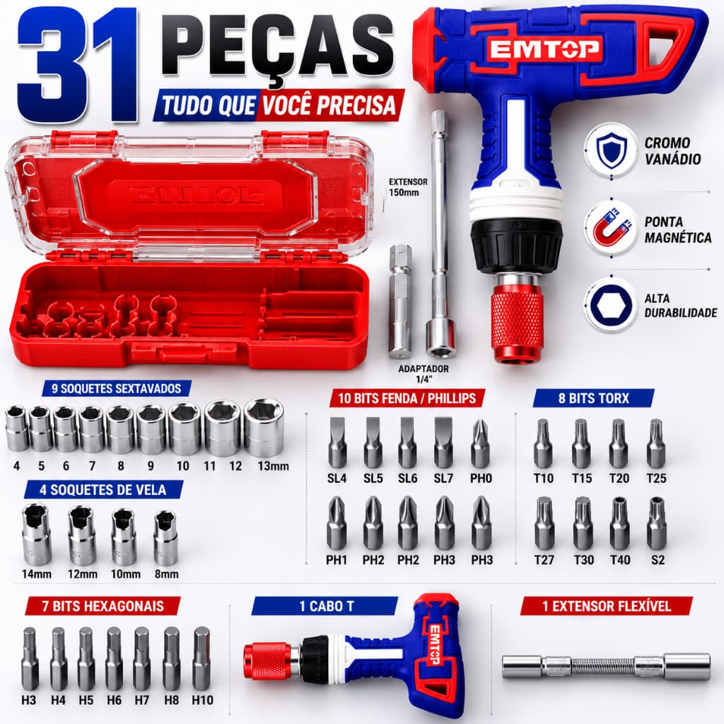 Jogo Chave Tipo T Sextavada Fenda Philips Cachimbo Completo