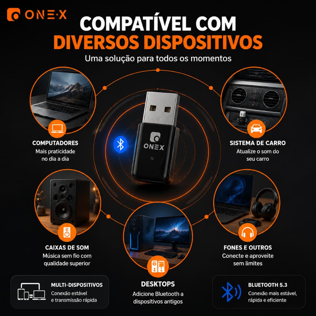 Adaptador Bluetooth USB 5.3 Receptor Áudio para Carro Plug Play