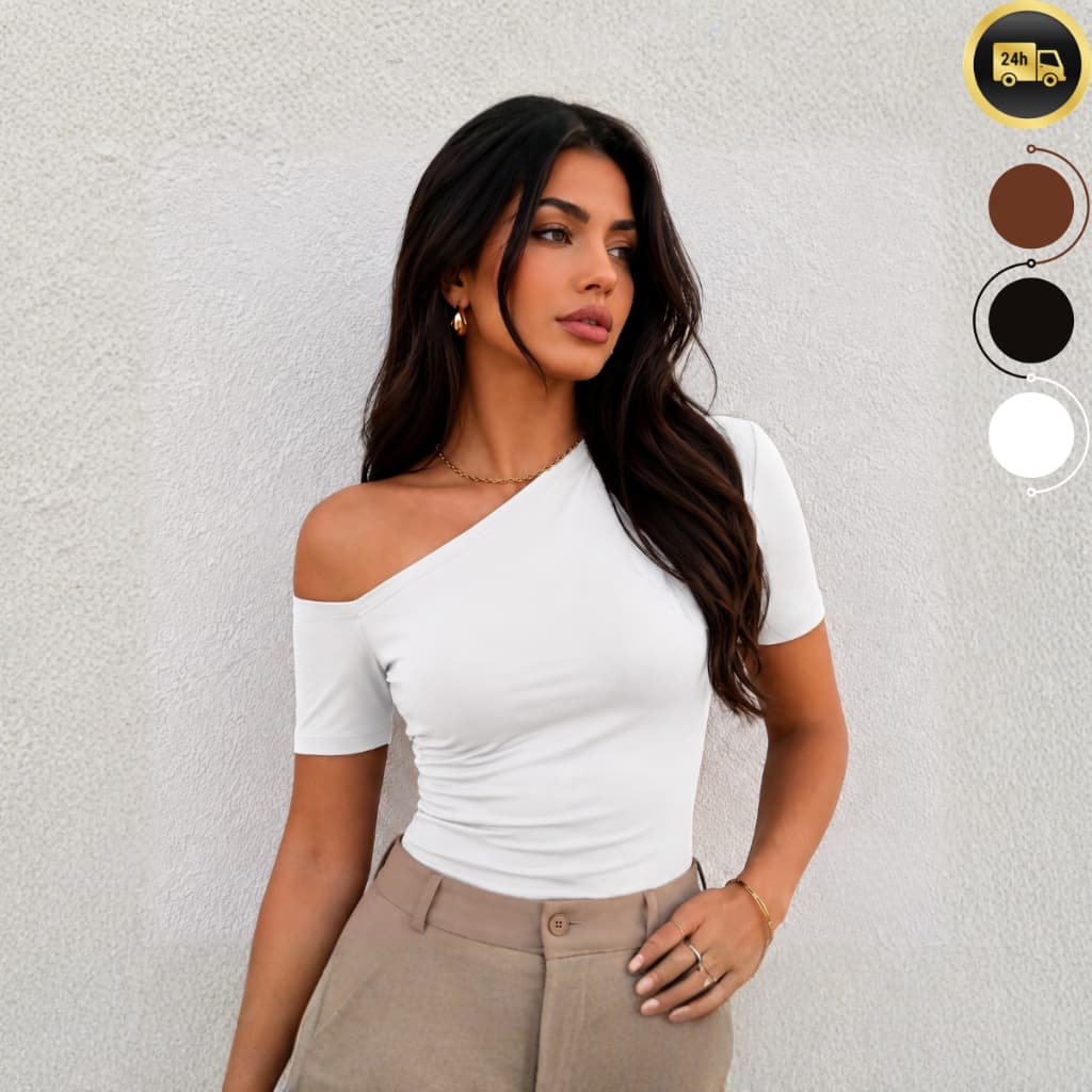 Blusa Feminina Suplex com Manga Curta Assimétrica Ombro a Ombro Drapeada Verão Elegante Casual