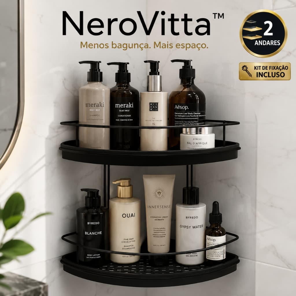Porta Shampoo de Canto 2 Andares Organizador Banheiro Preto com Kit Fixação